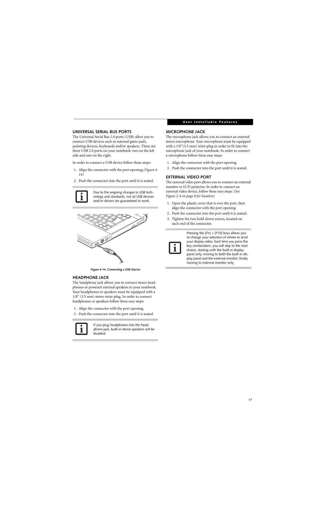 Fujitsu S7210 manual Universal Serial BUS Ports, Headphone Jack, Microphone Jack, External Video Port 