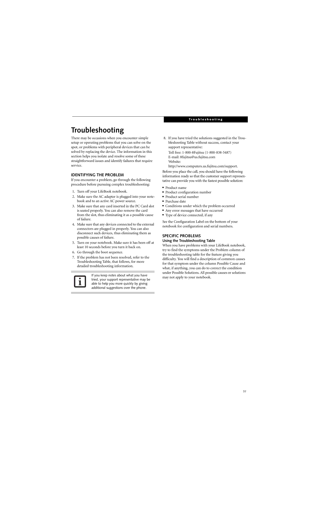 Fujitsu S7210 manual Identifying the Problem, Specific Problems, Using the Troubleshooting Table 