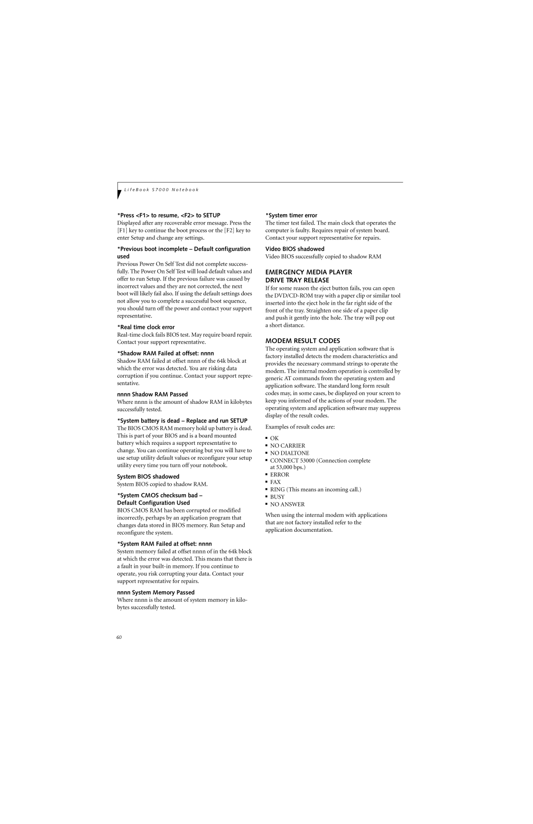 Fujitsu S7210 manual Emergency Media Player Drive Tray Release, Modem Result Codes 