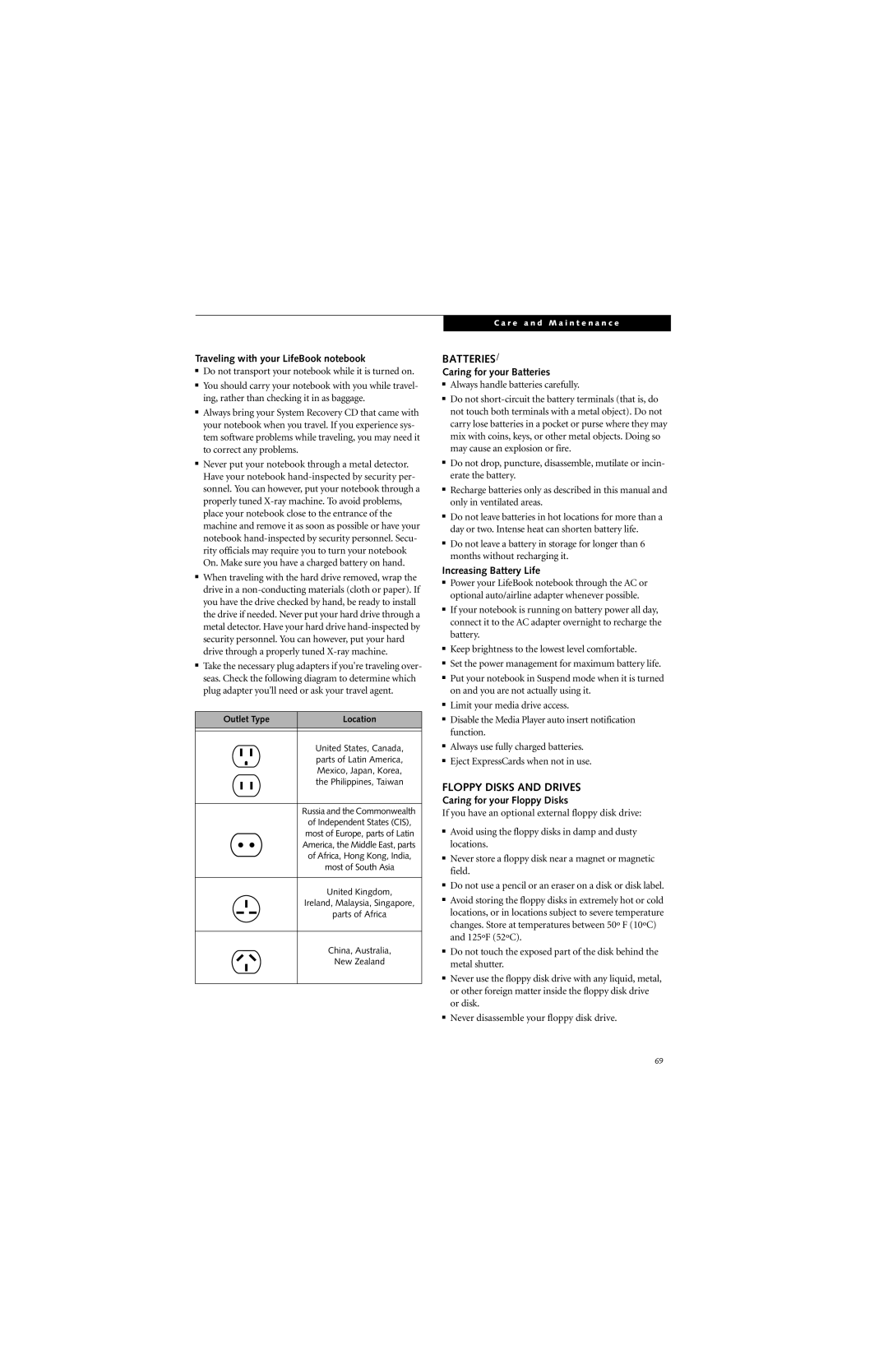 Fujitsu S7210 manual Batteries, Floppy Disks and Drives 