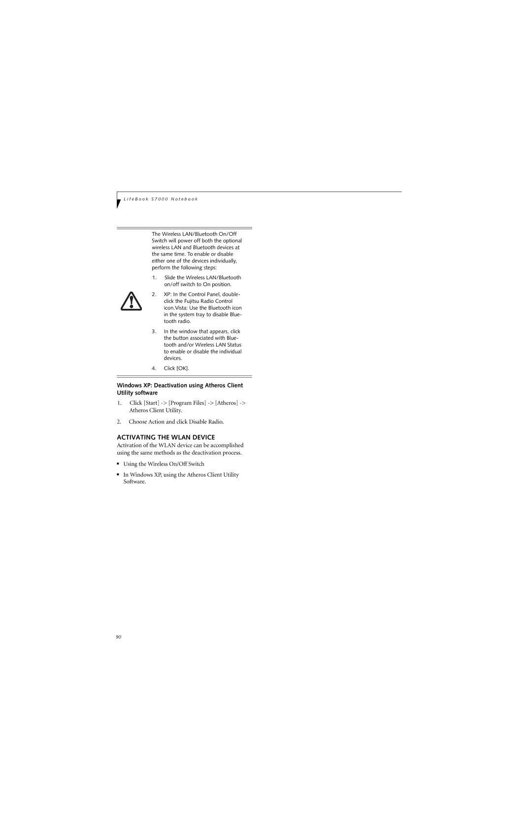 Fujitsu S7211 manual Activating the Wlan Device 