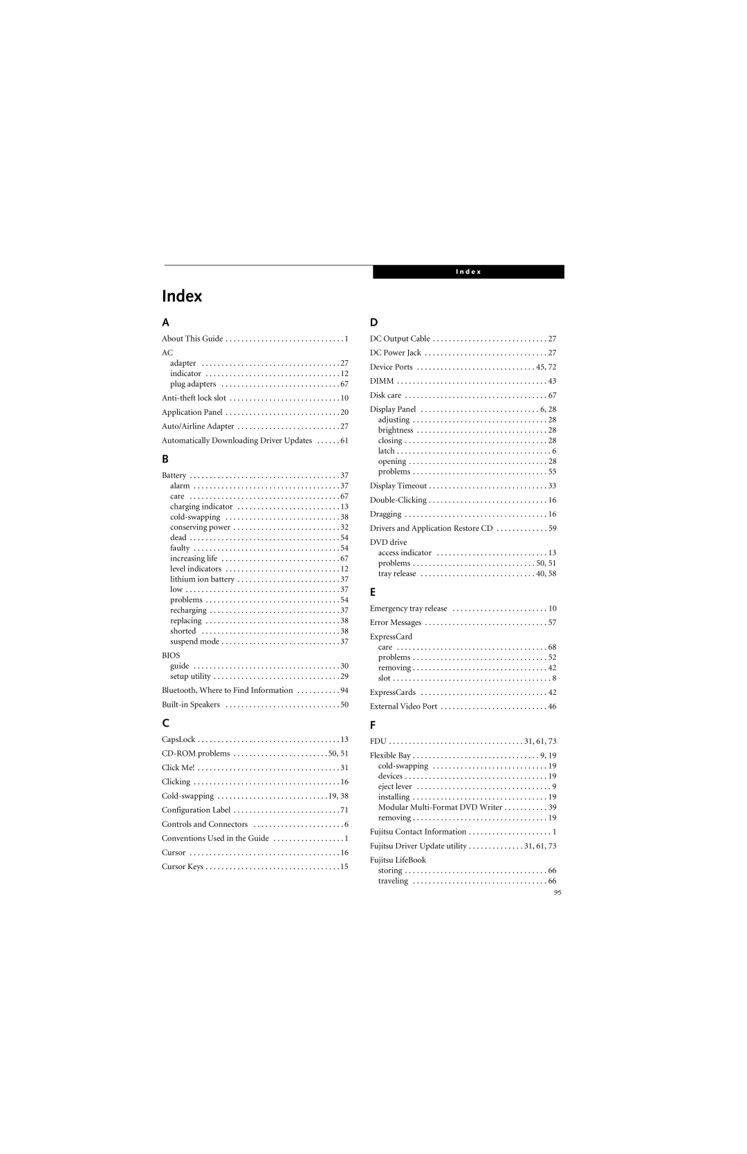 Fujitsu S7211 manual Index, About This Guide, DC Output Cable DC Power Jack Device Ports Dimm Disk care 