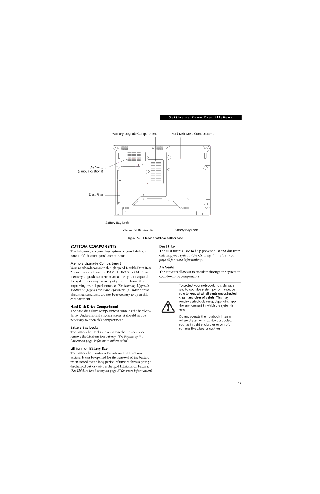 Fujitsu S7211 Bottom Components, Memory Upgrade Compartment, Hard Disk Drive Compartment, Battery Bay Locks Dust Filter 