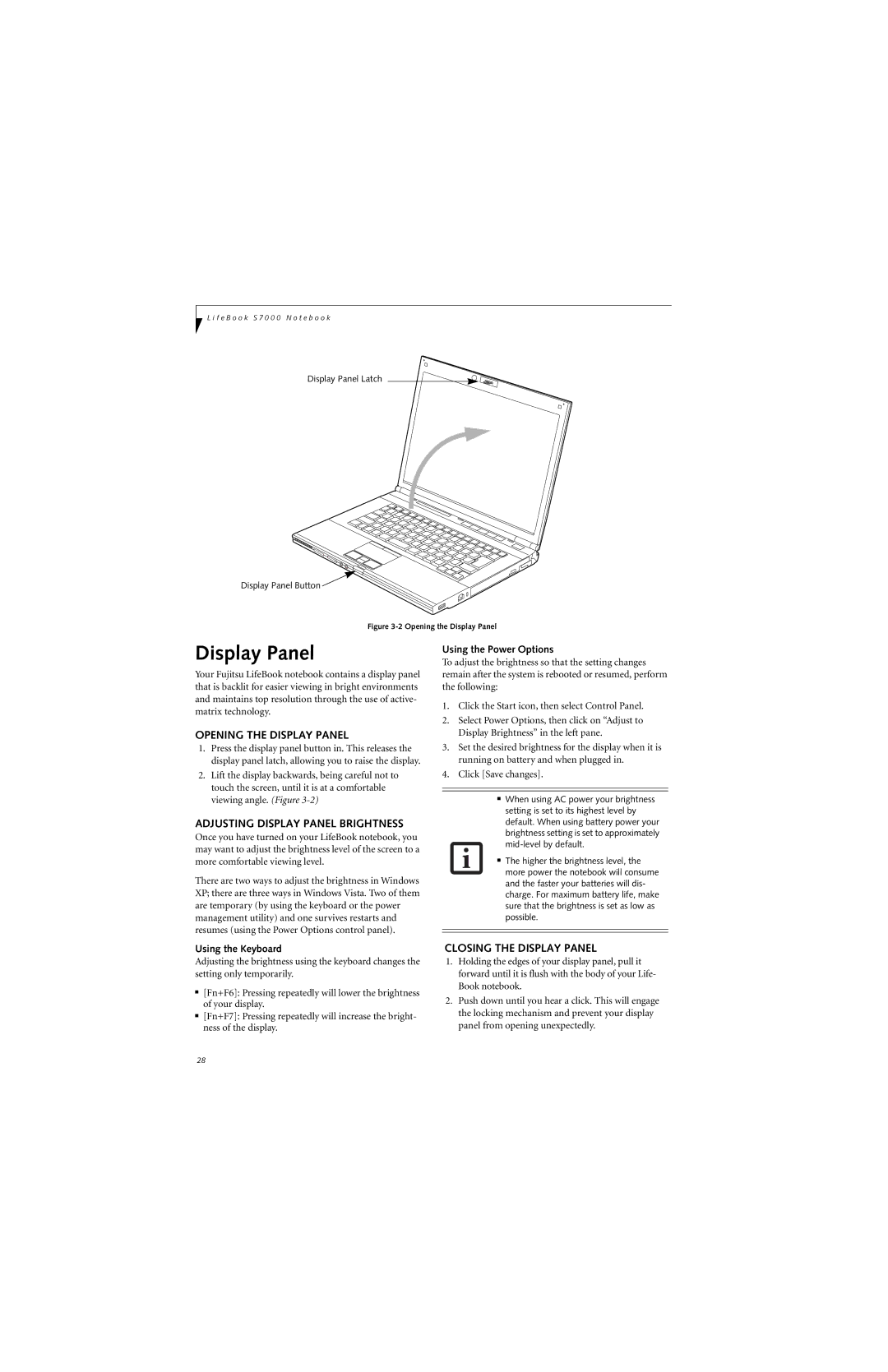 Fujitsu S7211 manual Opening the Display Panel, Adjusting Display Panel Brightness, Closing the Display Panel 