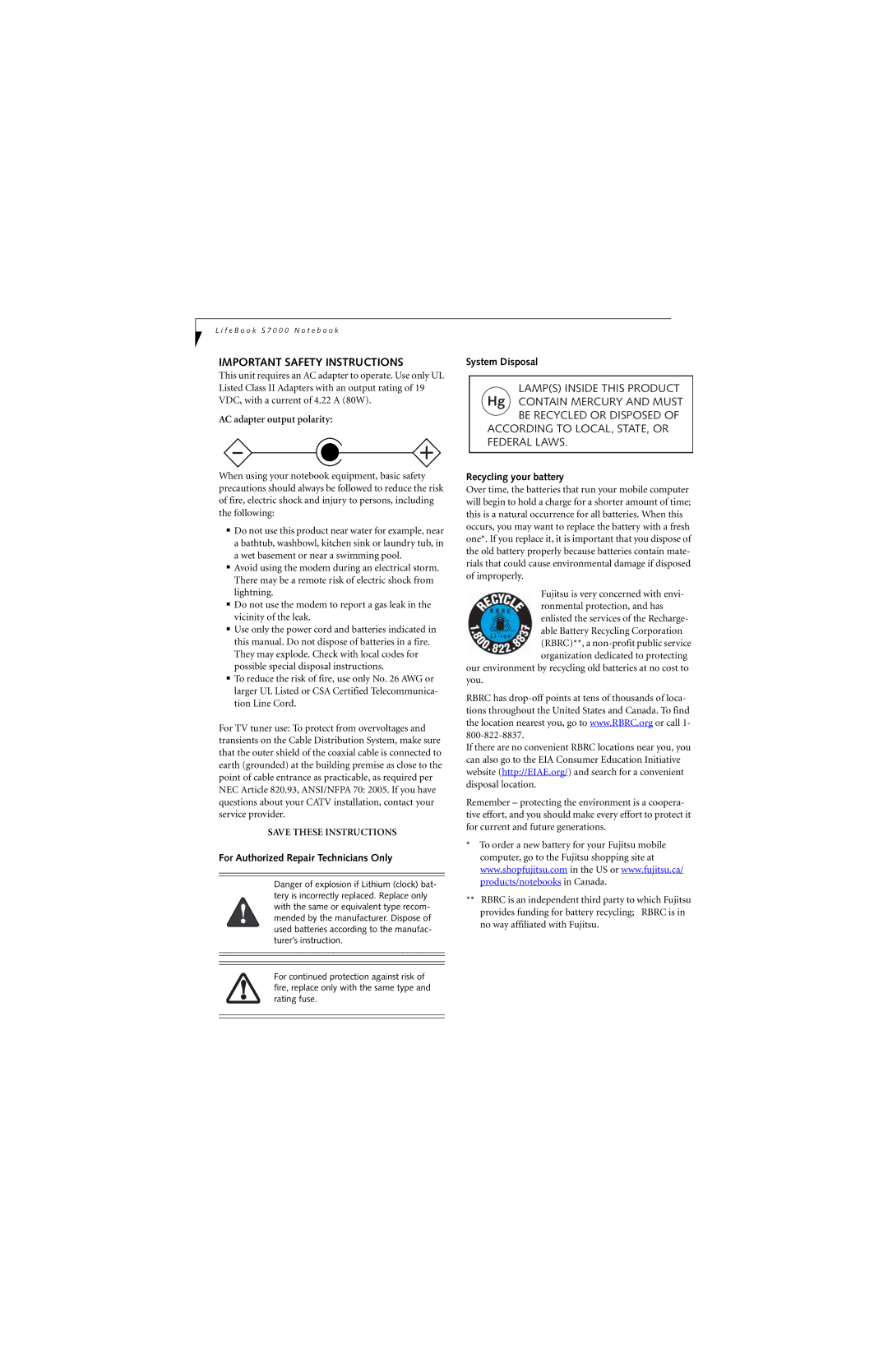 Fujitsu S7211 manual Important Safety Instructions, AC adapter output polarity, For Authorized Repair Technicians Only 