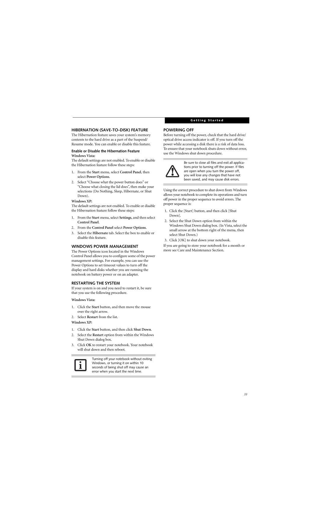 Fujitsu S7211 manual Hibernation SAVE-TO-DISK Feature, Windows Power Management, Restarting the System, Powering OFF 