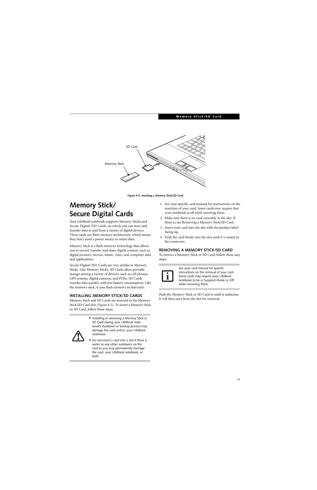 Fujitsu S7211 manual Installing Memory STICK/SD Cards, Removing a Memory STICK/SD Card 