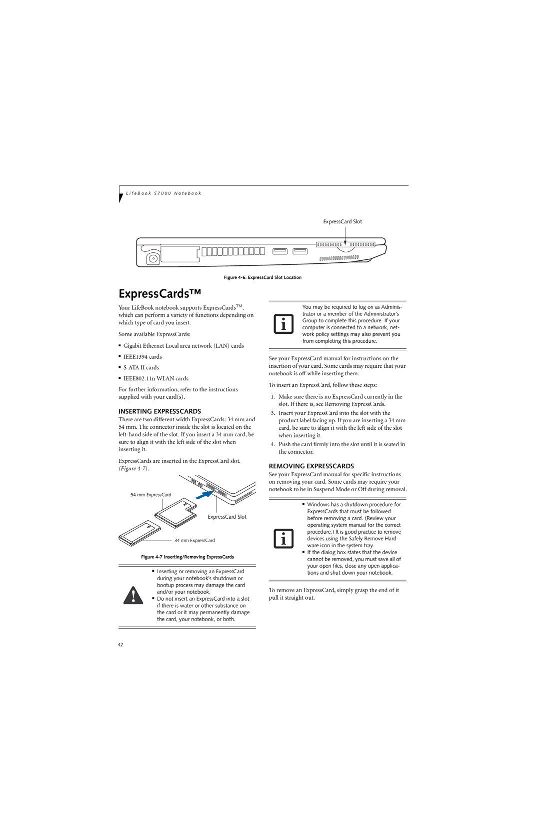 Fujitsu S7211 manual ExpressCards, Inserting Expresscards, Removing Expresscards 