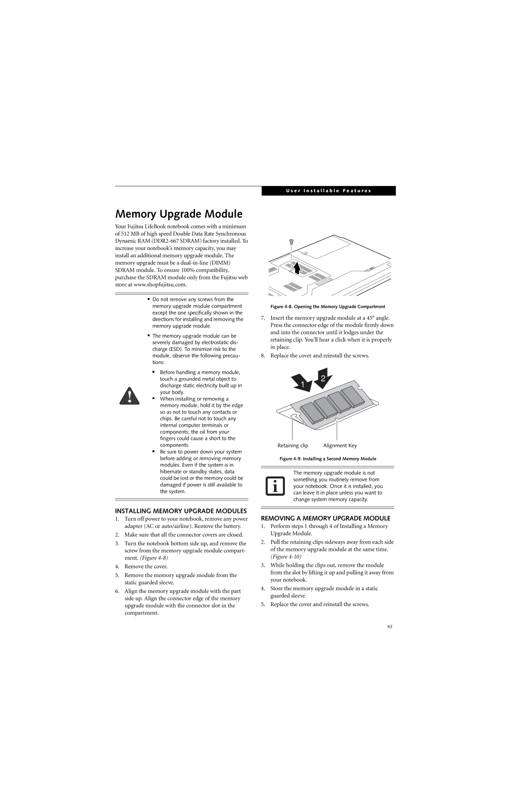 Fujitsu S7211 manual Installing Memory Upgrade Modules, Removing a Memory Upgrade Module 