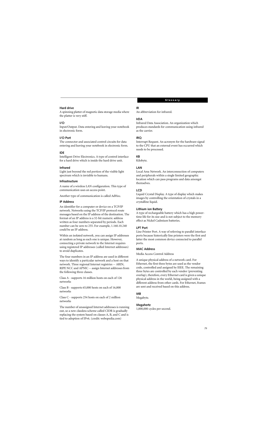 Fujitsu S7211 manual Infrared, Infrastructure, IP Address, IrDA, Lithium ion Battery, LPT Port, MAC Address, Megahertz 