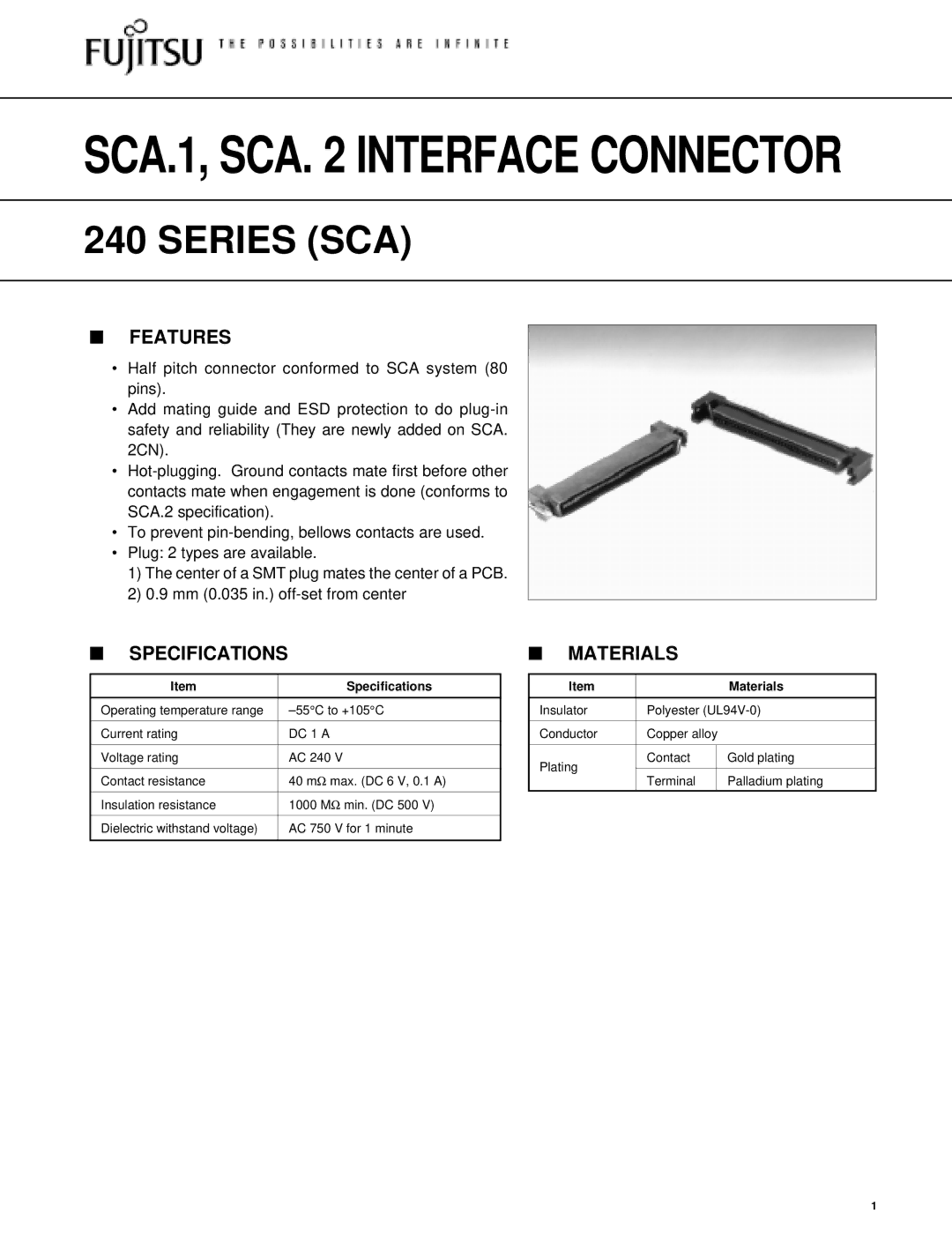 Fujitsu SCA.1, SCA.2 specifications Features, Specifications, Materials 