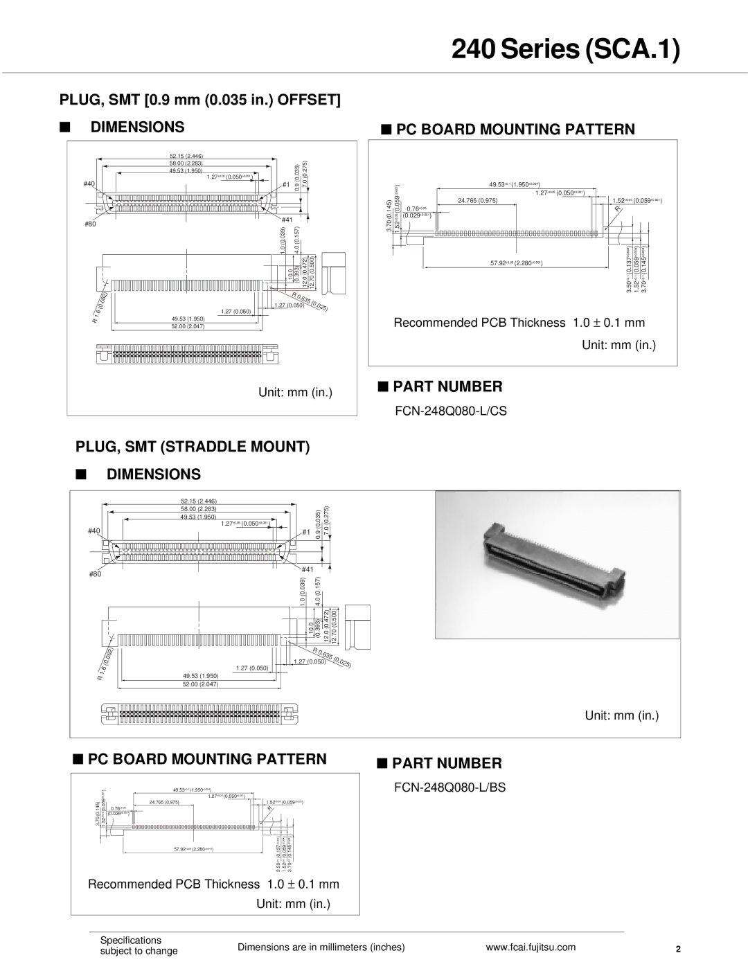 Fujitsu SCA.2 specifications Series SCA.1, Dimensions, PLUG, SMT Straddle Mount PC Board Mounting Pattern, Part Number 