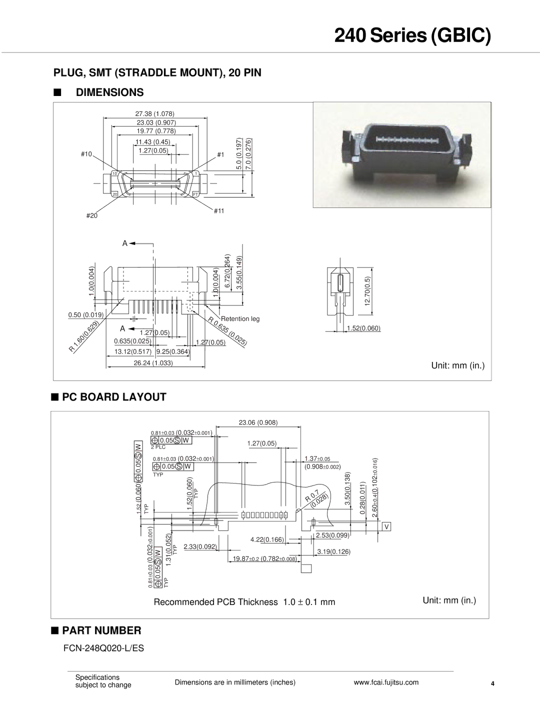 Fujitsu SCA.2, SCA.1 specifications Series Gbic, PLUG, SMT Straddle MOUNT, 20 PIN Dimensions 