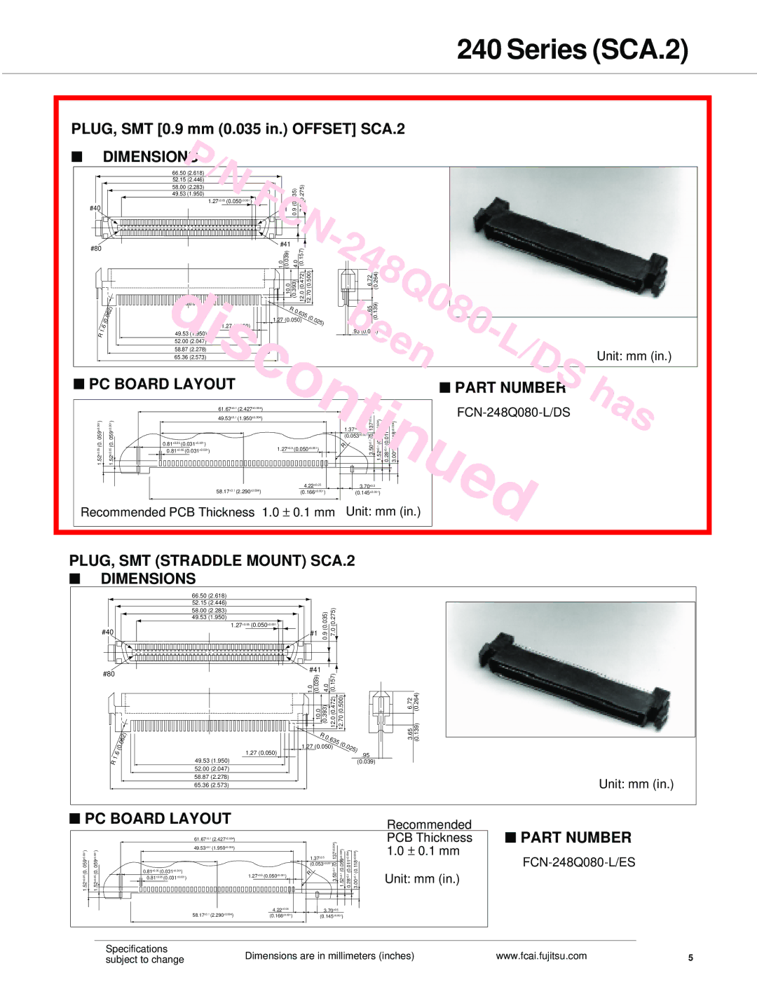 Fujitsu SCA.1 specifications PC Board Layout Part Number, PLUG, SMT Straddle Mount SCA.2 Dimensions 