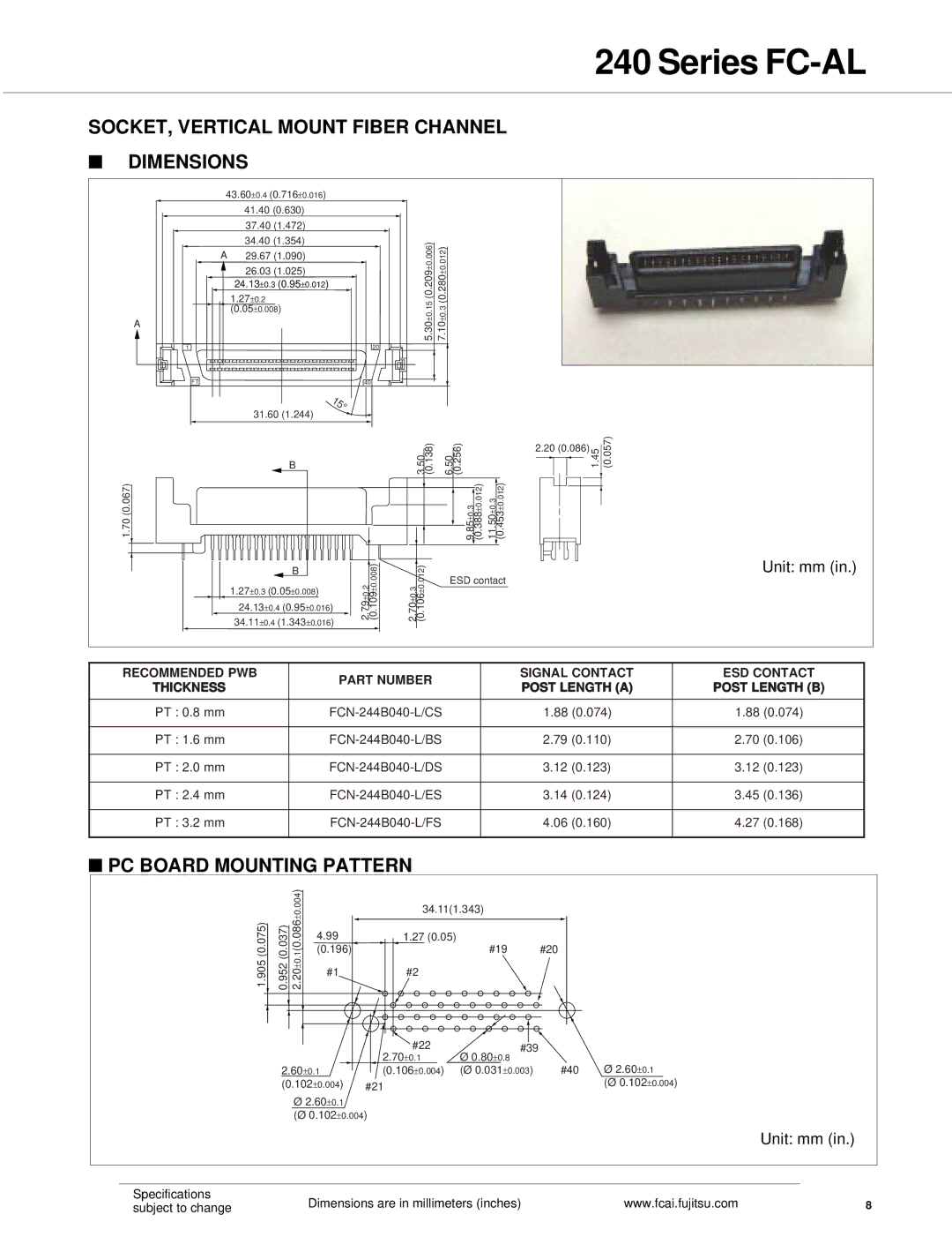 Fujitsu SCA.2, SCA.1 specifications SOCKET, Vertical Mount Fiber Channel Dimensions, PC Board Mounting Pattern 