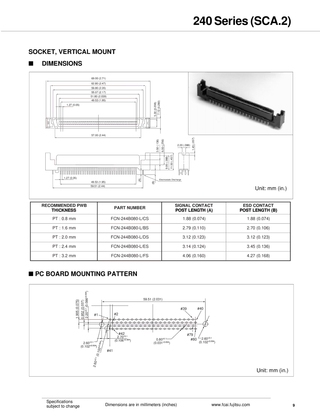 Fujitsu SCA.1 specifications Series SCA.2, SOCKET, Vertical Mount Dimensions 