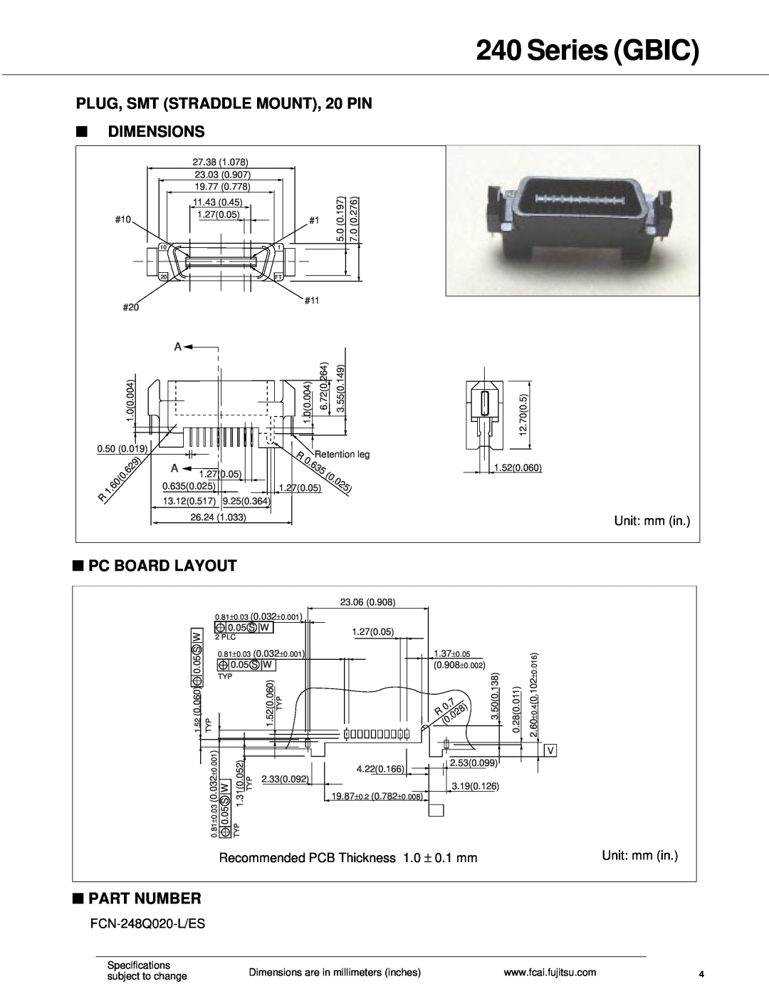 Fujitsu SCA.2, SCA.1 specifications Series GBIC, PLUG, SMT STRADDLE MOUNT, 20 PIN, Dimensions, Pc Board Layout, Part Number 
