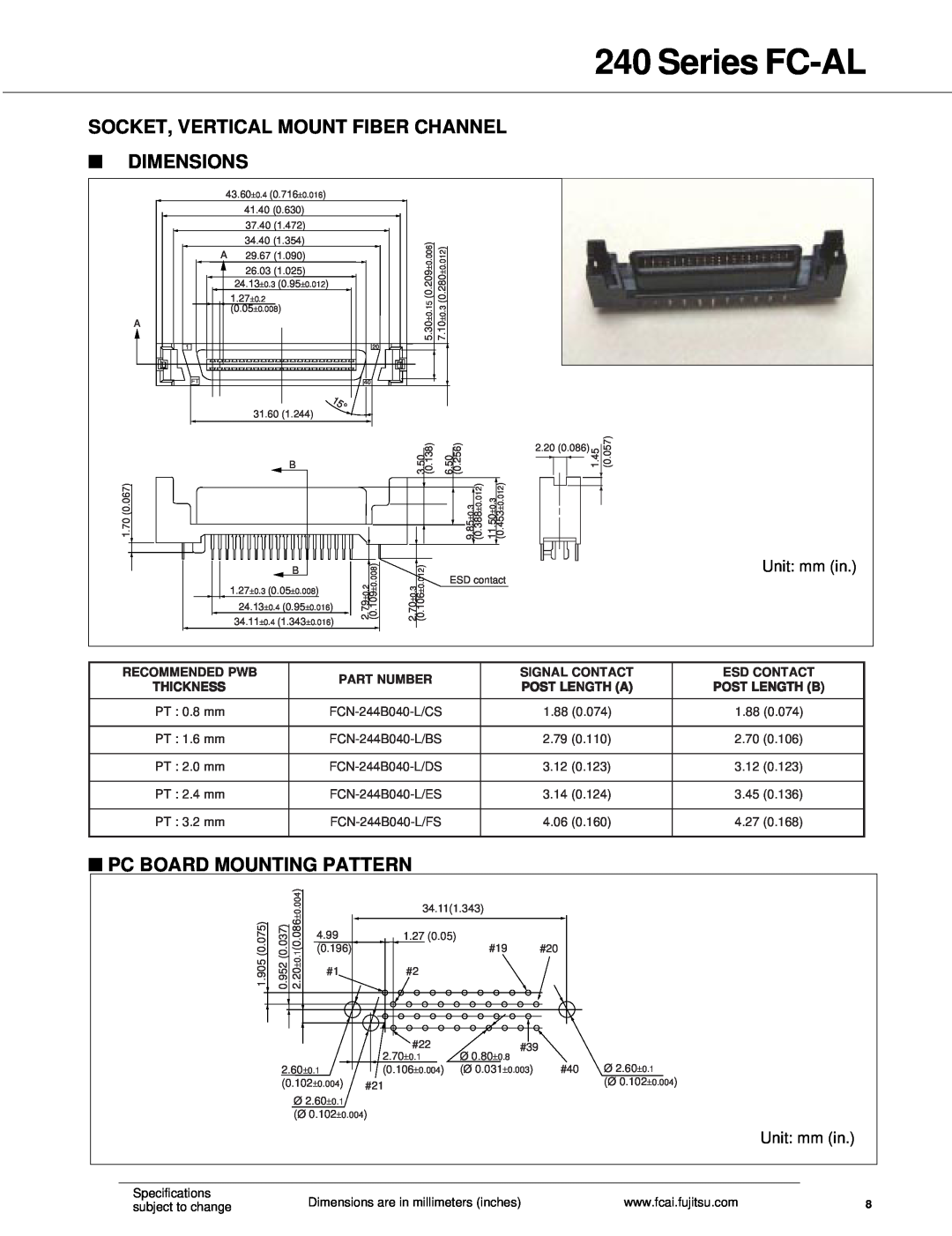 Fujitsu SCA.2 Socket, Vertical Mount Fiber Channel, Series FC-AL, Dimensions, Pc Board Mounting Pattern, Recommended Pwb 