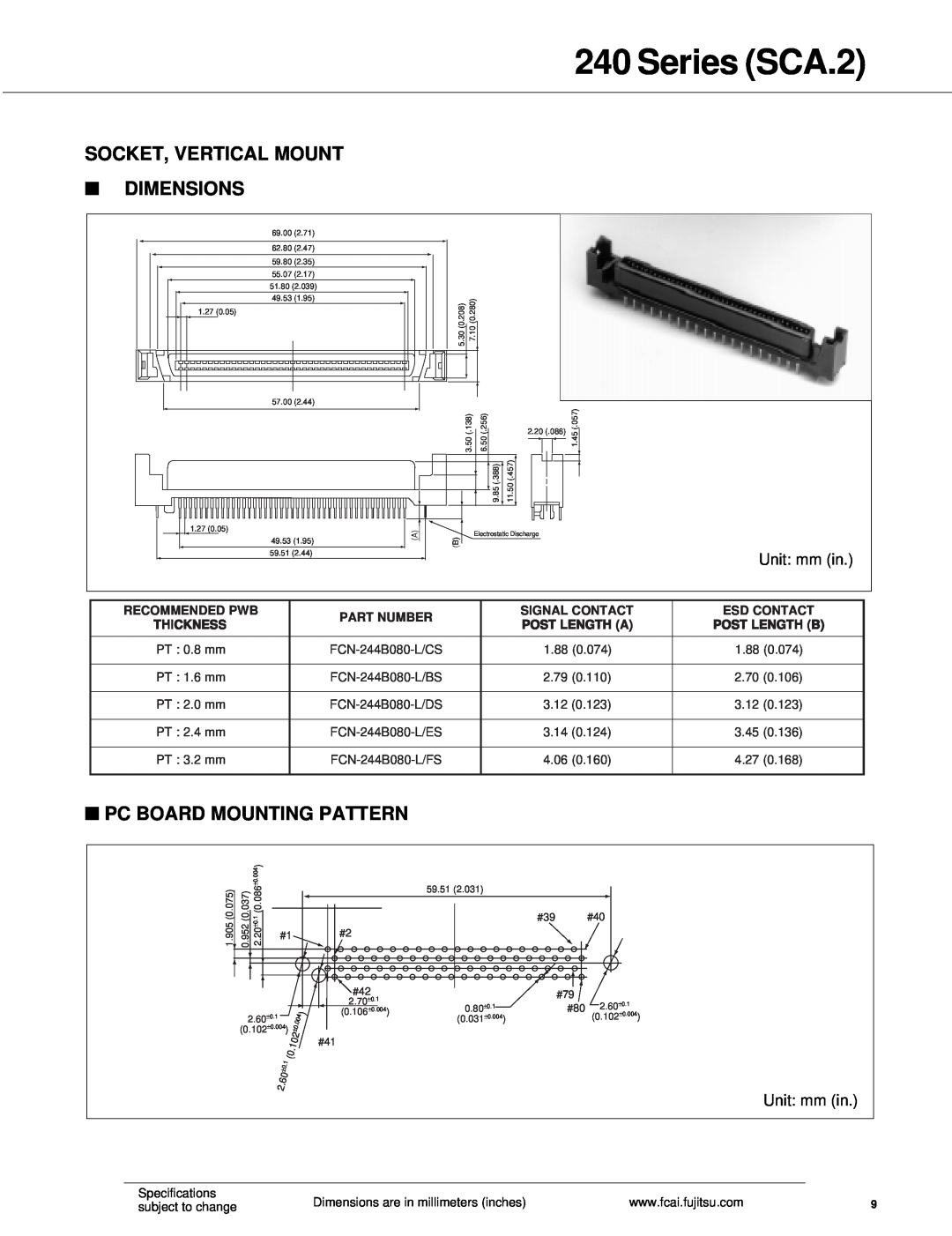 Fujitsu SCA.1 Series SCA.2, Socket, Vertical Mount, Dimensions, Pc Board Mounting Pattern, Recommended Pwb, Part Number 