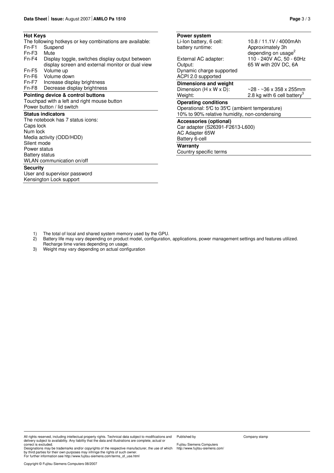 Fujitsu Siemens Computers 1510 Hot Keys, Security, Power system, Dimensions and weight, Operating conditions, Warranty 