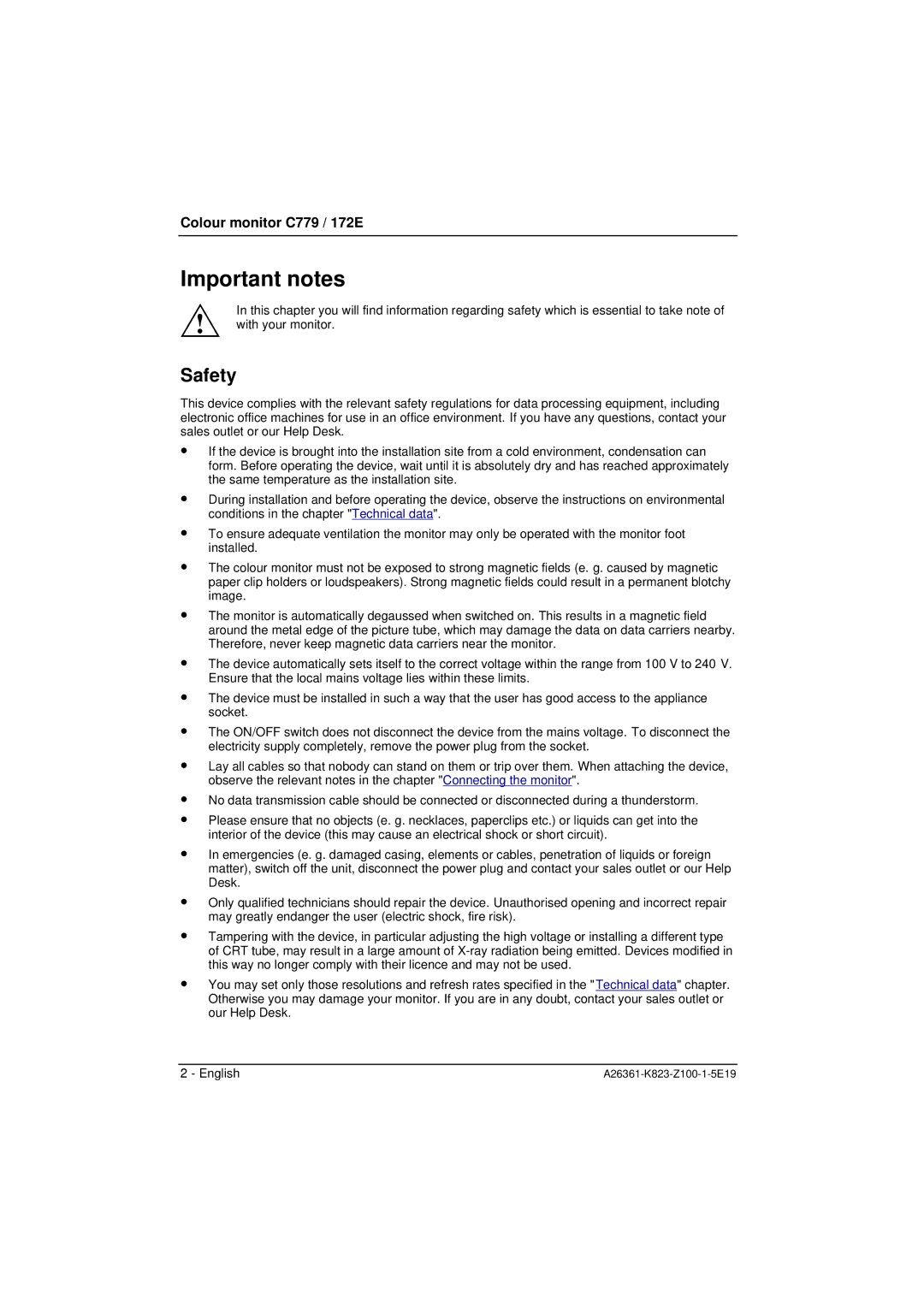 Fujitsu Siemens Computers 172E, C779 manual Important notes, Safety 