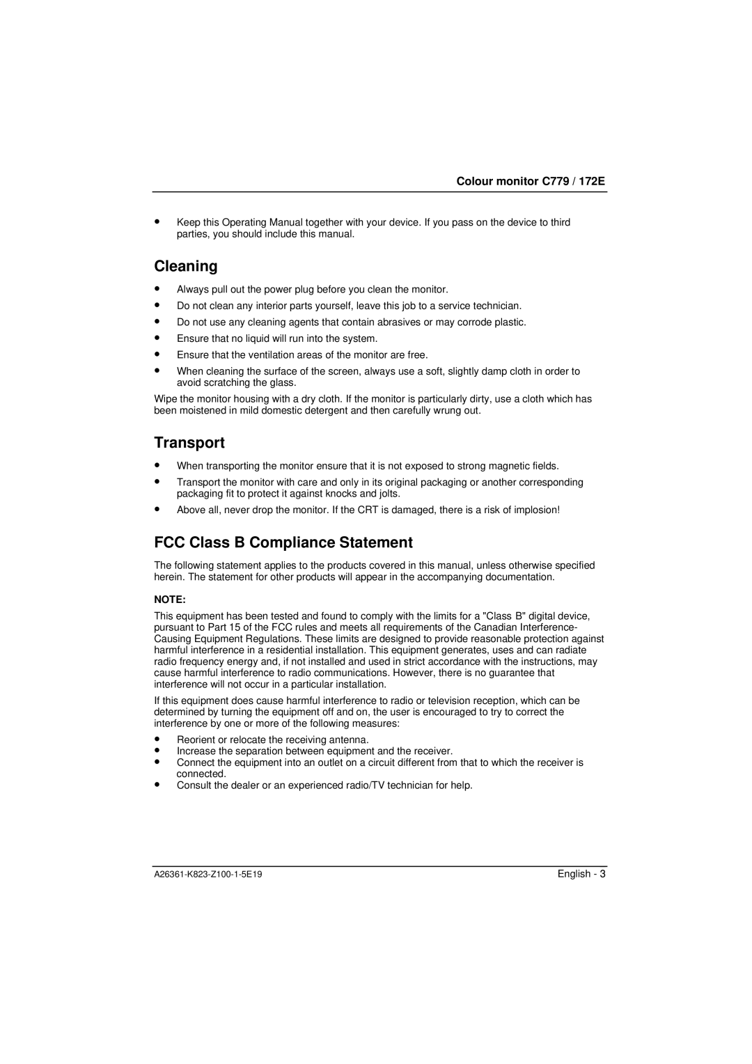 Fujitsu Siemens Computers C779, 172E manual Cleaning, Transport, FCC Class B Compliance Statement 