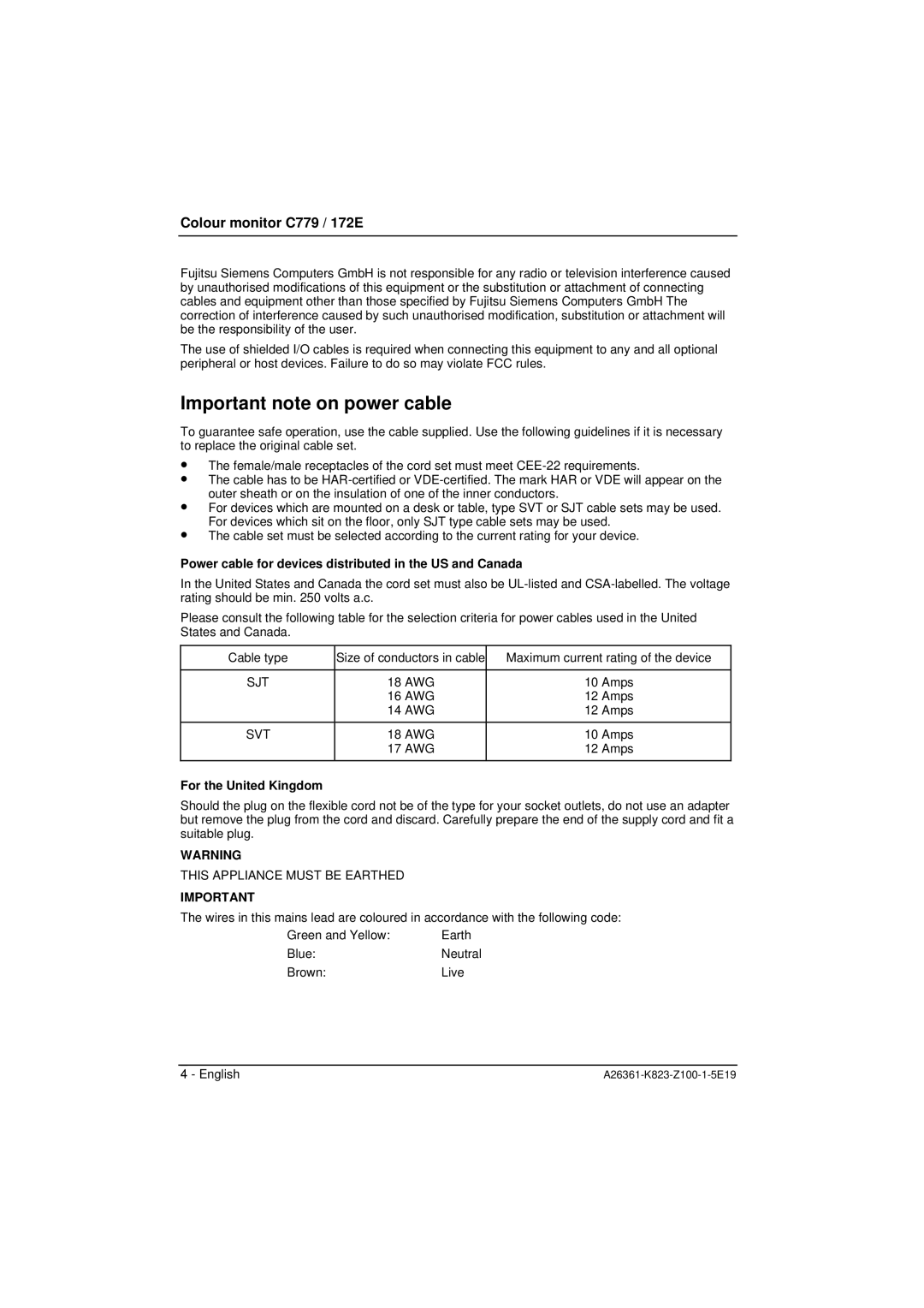 Fujitsu Siemens Computers 172E Important note on power cable, Power cable for devices distributed in the US and Canada 