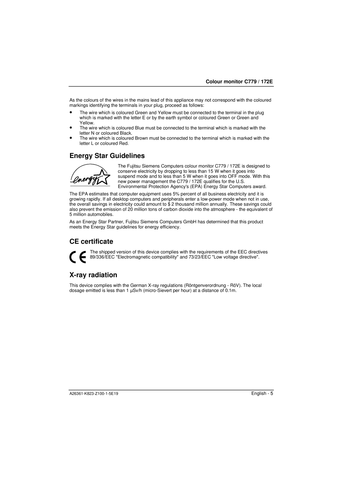 Fujitsu Siemens Computers C779, 172E manual Energy Star Guidelines, CE certificate, Ray radiation 