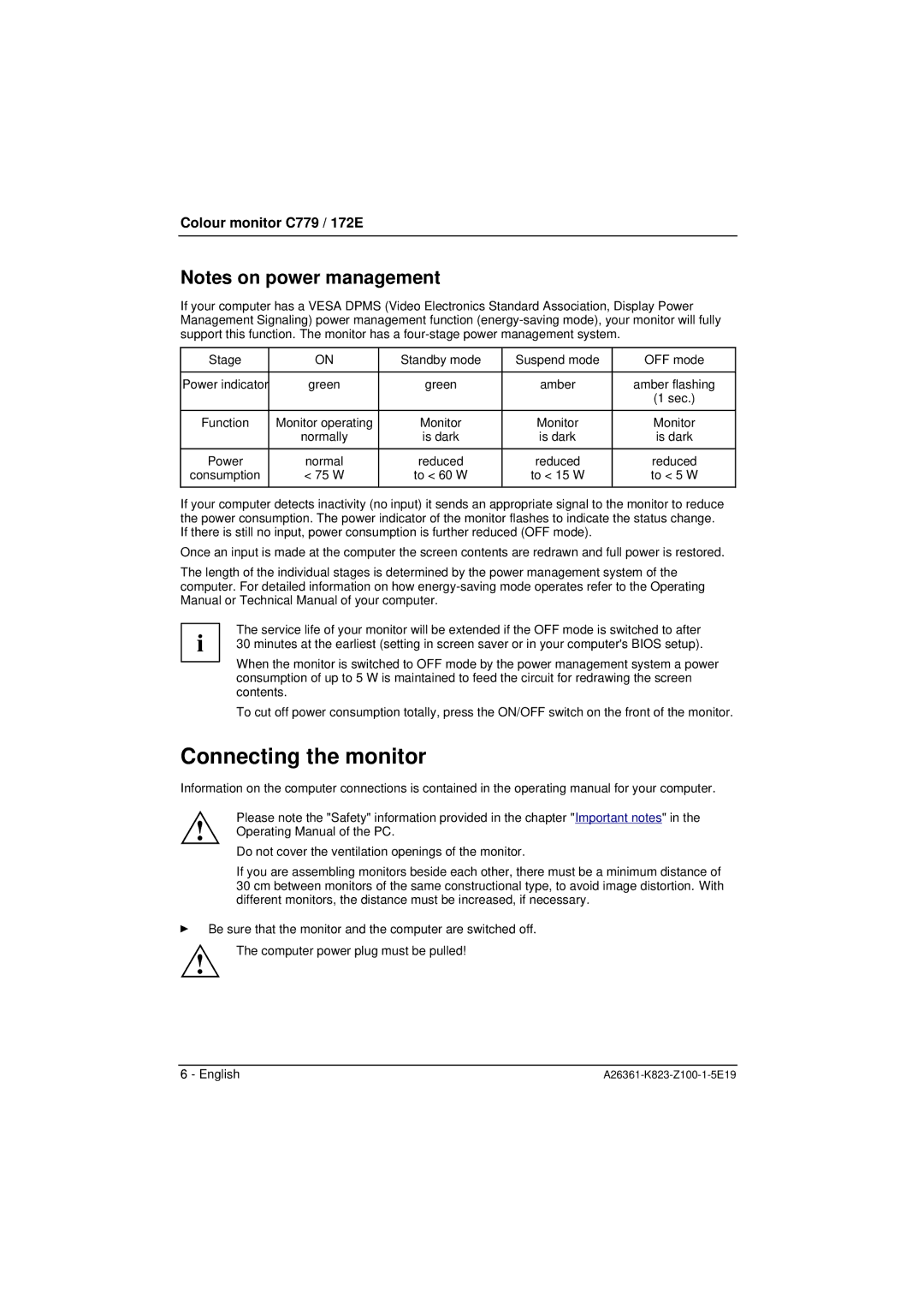 Fujitsu Siemens Computers 172E, C779 manual Connecting the monitor 