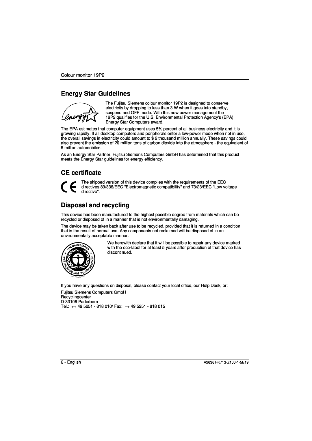 Fujitsu Siemens Computers manual Energy Star Guidelines, CE certificate, Disposal and recycling, Colour monitor 19P2 