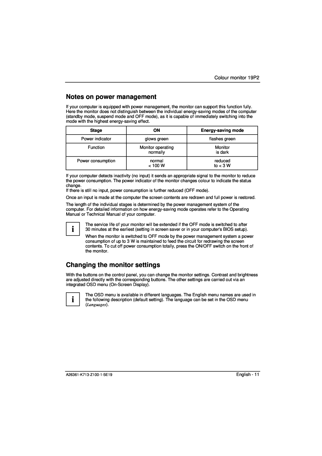 Fujitsu Siemens Computers 19P2 manual Notes on power management, Changing the monitor settings, Stage, Energy-saving mode 