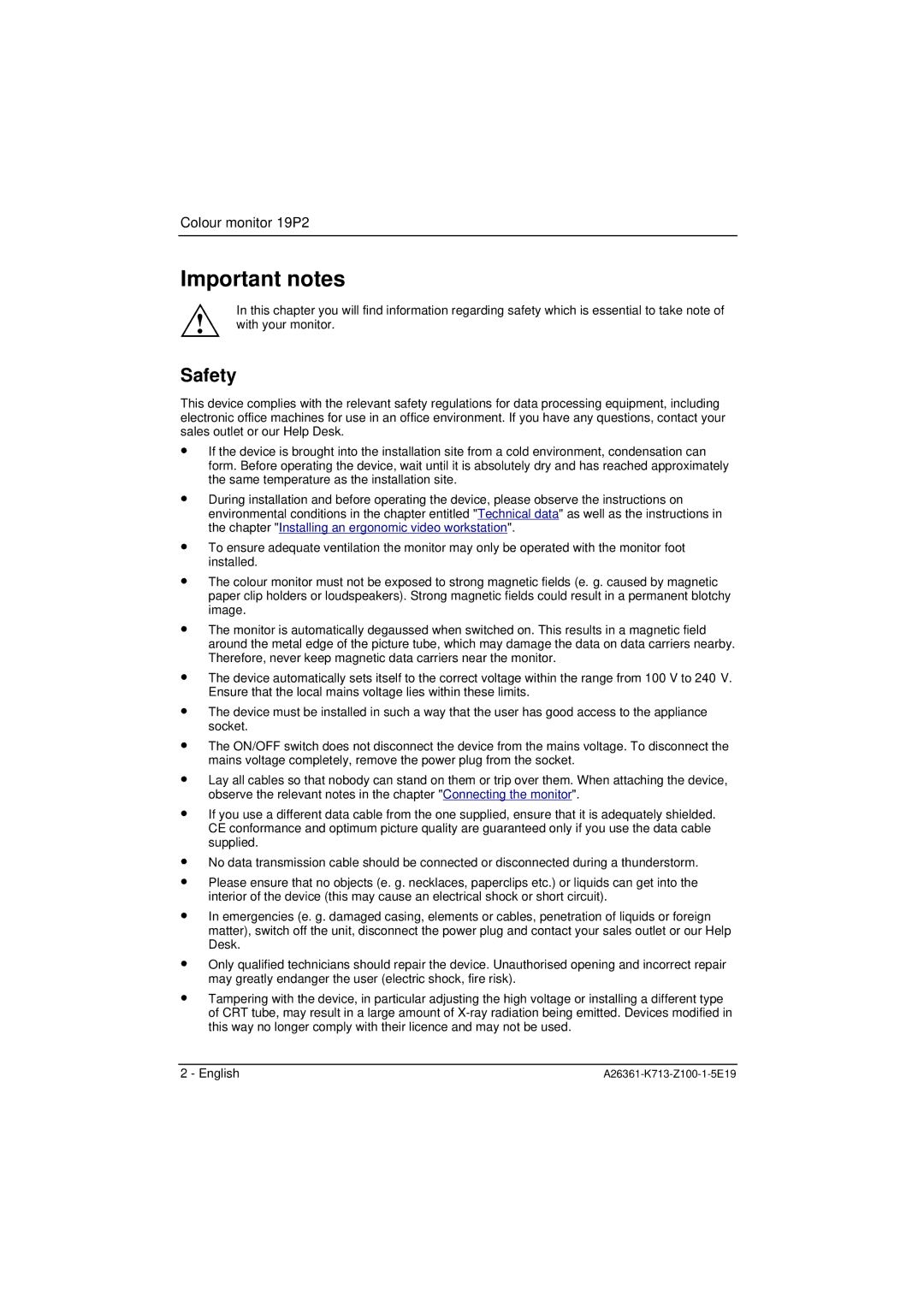 Fujitsu Siemens Computers 19P2 manual Important notes, Safety 