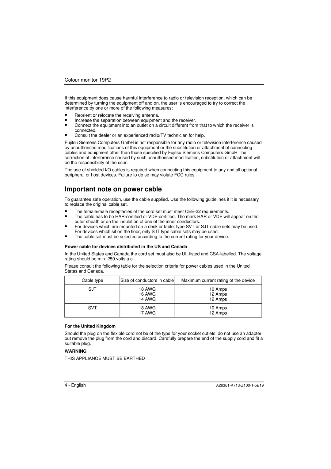 Fujitsu Siemens Computers 19P2 Important note on power cable, Power cable for devices distributed in the US and Canada 