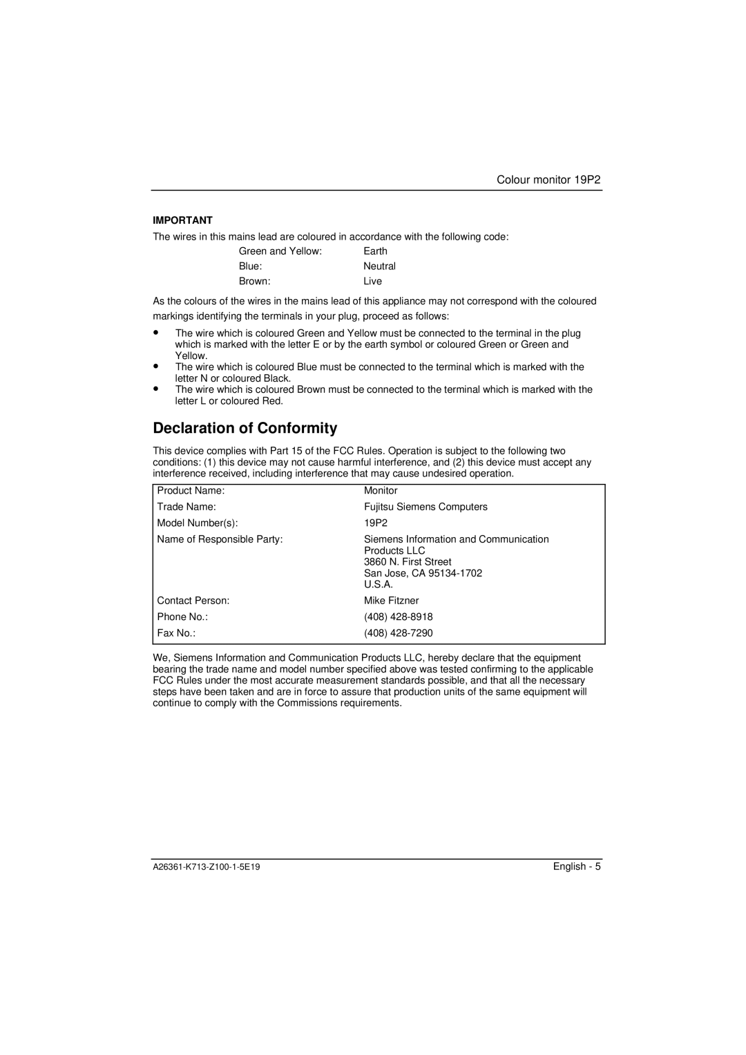 Fujitsu Siemens Computers 19P2 manual Declaration of Conformity 