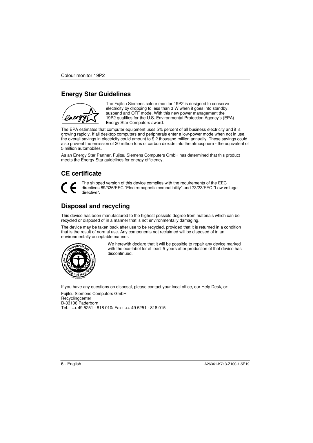 Fujitsu Siemens Computers 19P2 manual Energy Star Guidelines, CE certificate, Disposal and recycling 