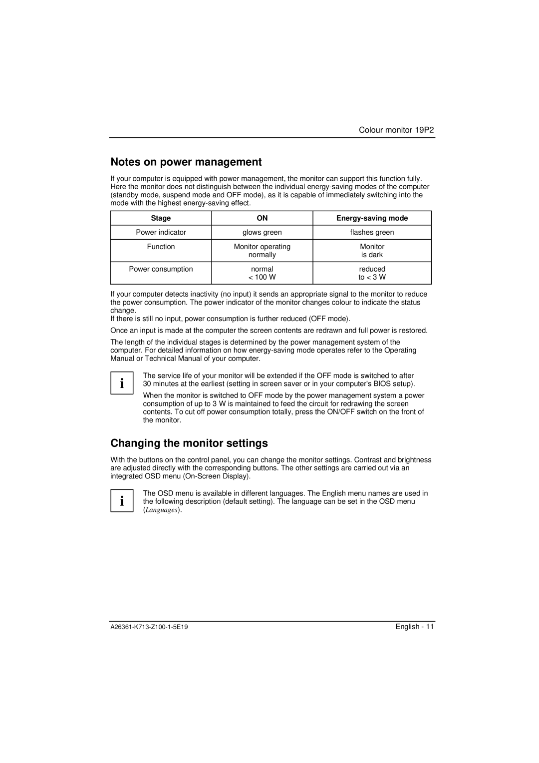 Fujitsu Siemens Computers 19P2 manual Changing the monitor settings, Stage Energy-saving mode 