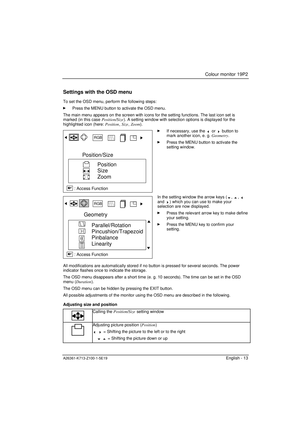 Fujitsu Siemens Computers 19P2 manual Settings with the OSD menu, Adjusting size and position 