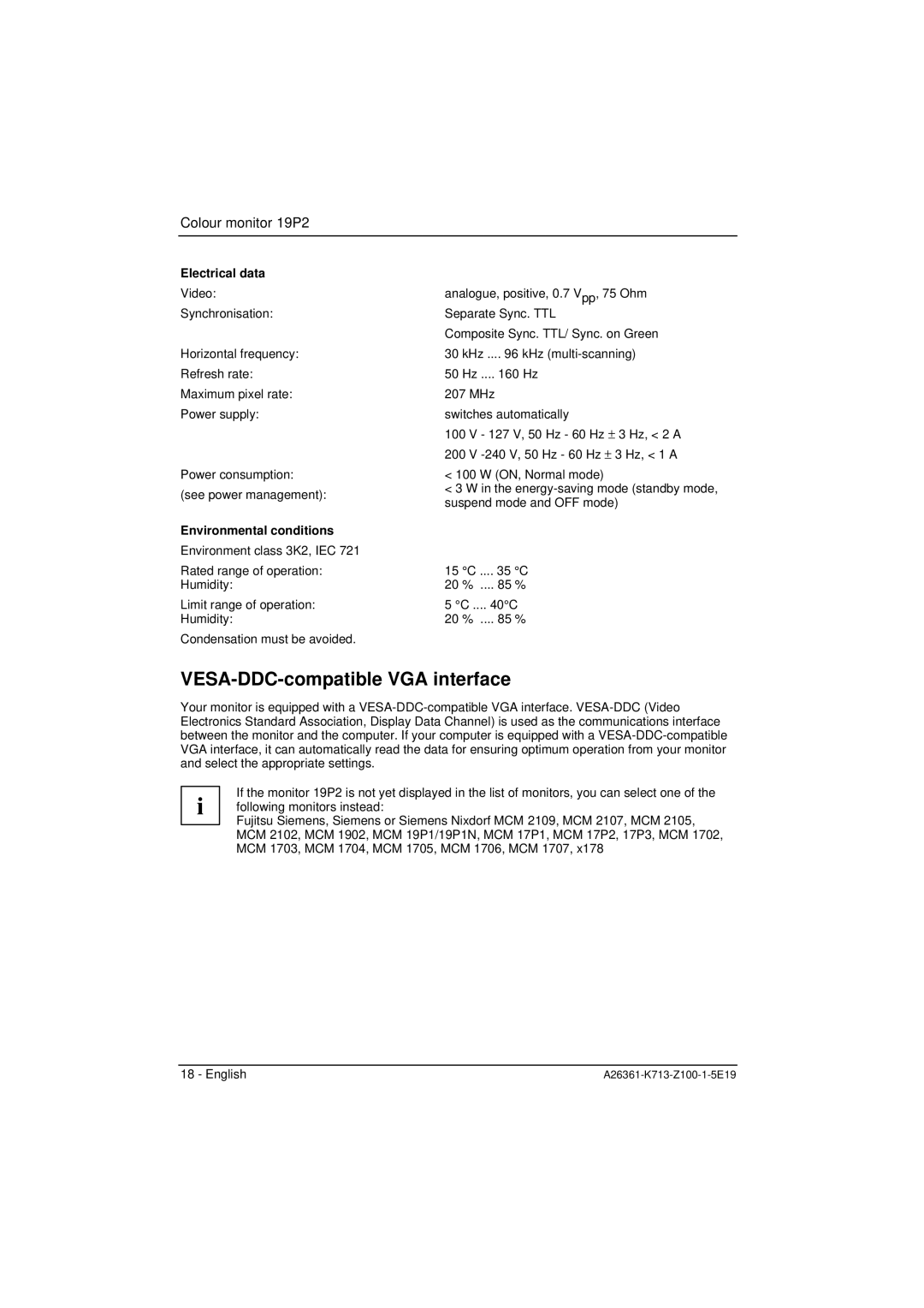 Fujitsu Siemens Computers 19P2 manual VESA-DDC-compatible VGA interface, Electrical data, Environmental conditions 