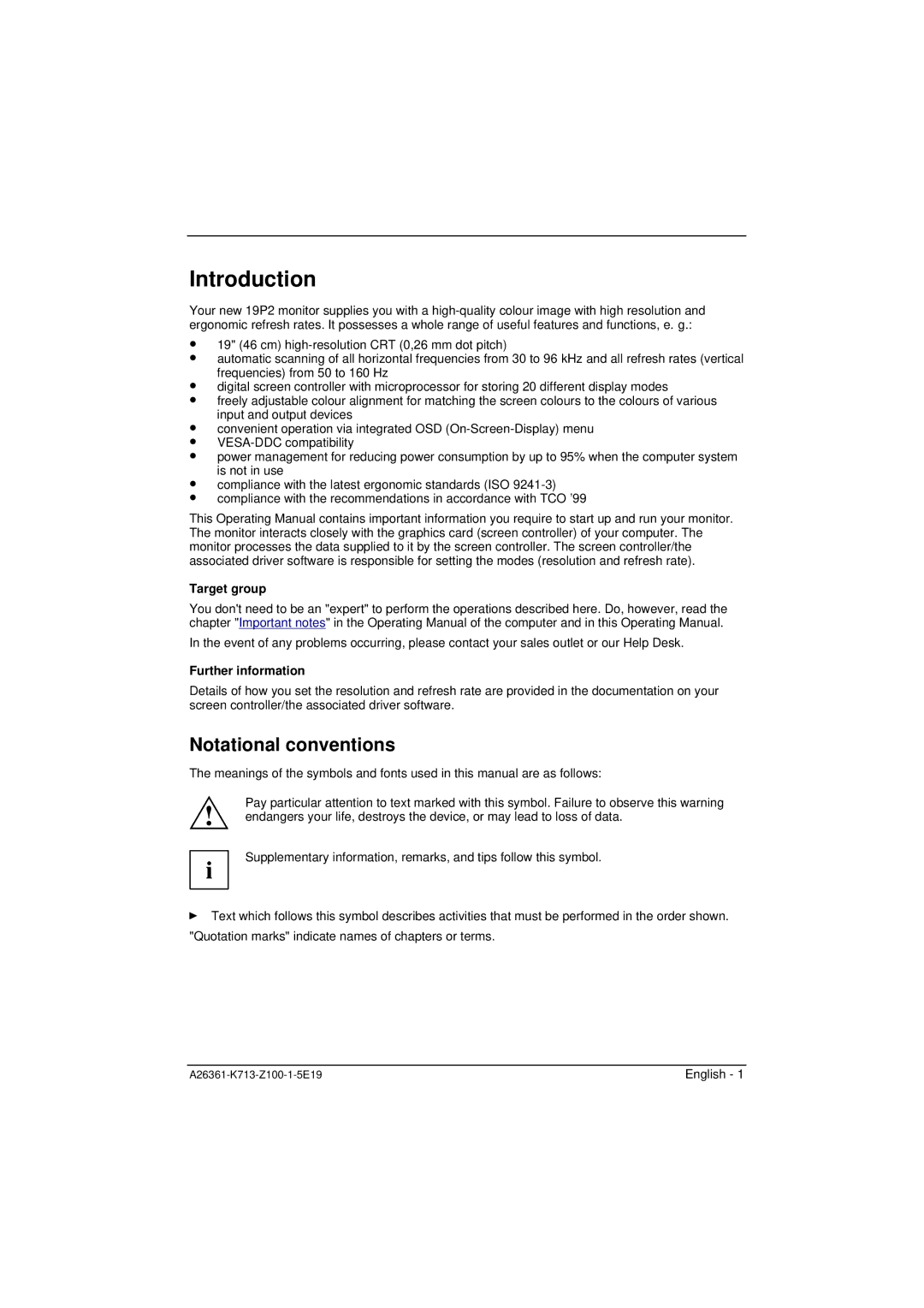 Fujitsu Siemens Computers 19P2 manual Introduction, Notational conventions, Target group, Further information 