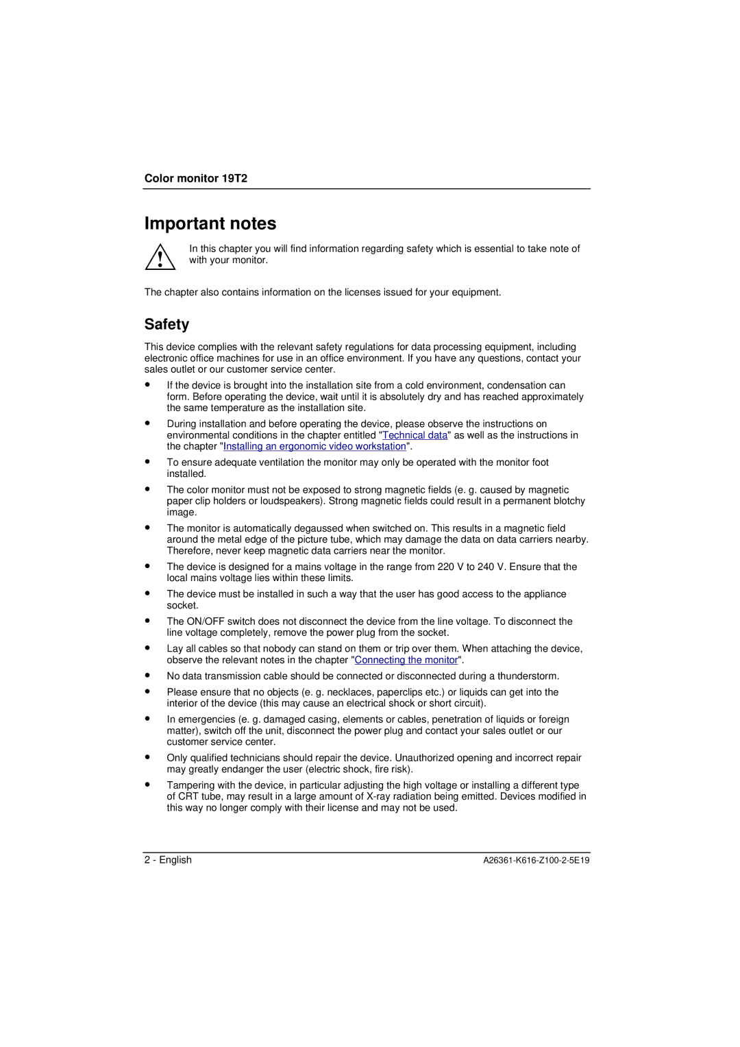 Fujitsu Siemens Computers 19T2 manual Important notes, Safety 