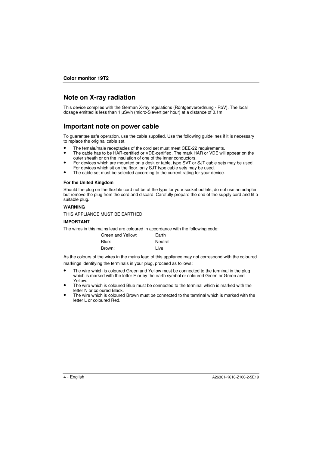 Fujitsu Siemens Computers 19T2 manual Important note on power cable, For the United Kingdom 