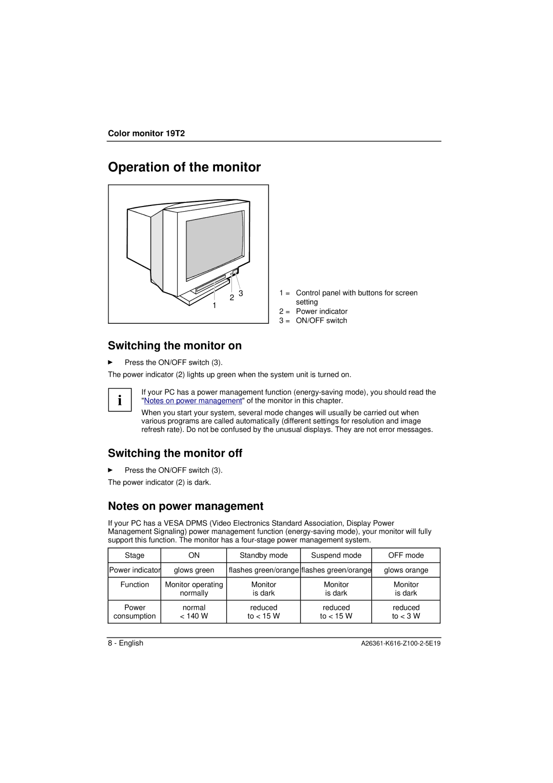 Fujitsu Siemens Computers 19T2 manual Operation of the monitor, Switching the monitor on, Switching the monitor off 