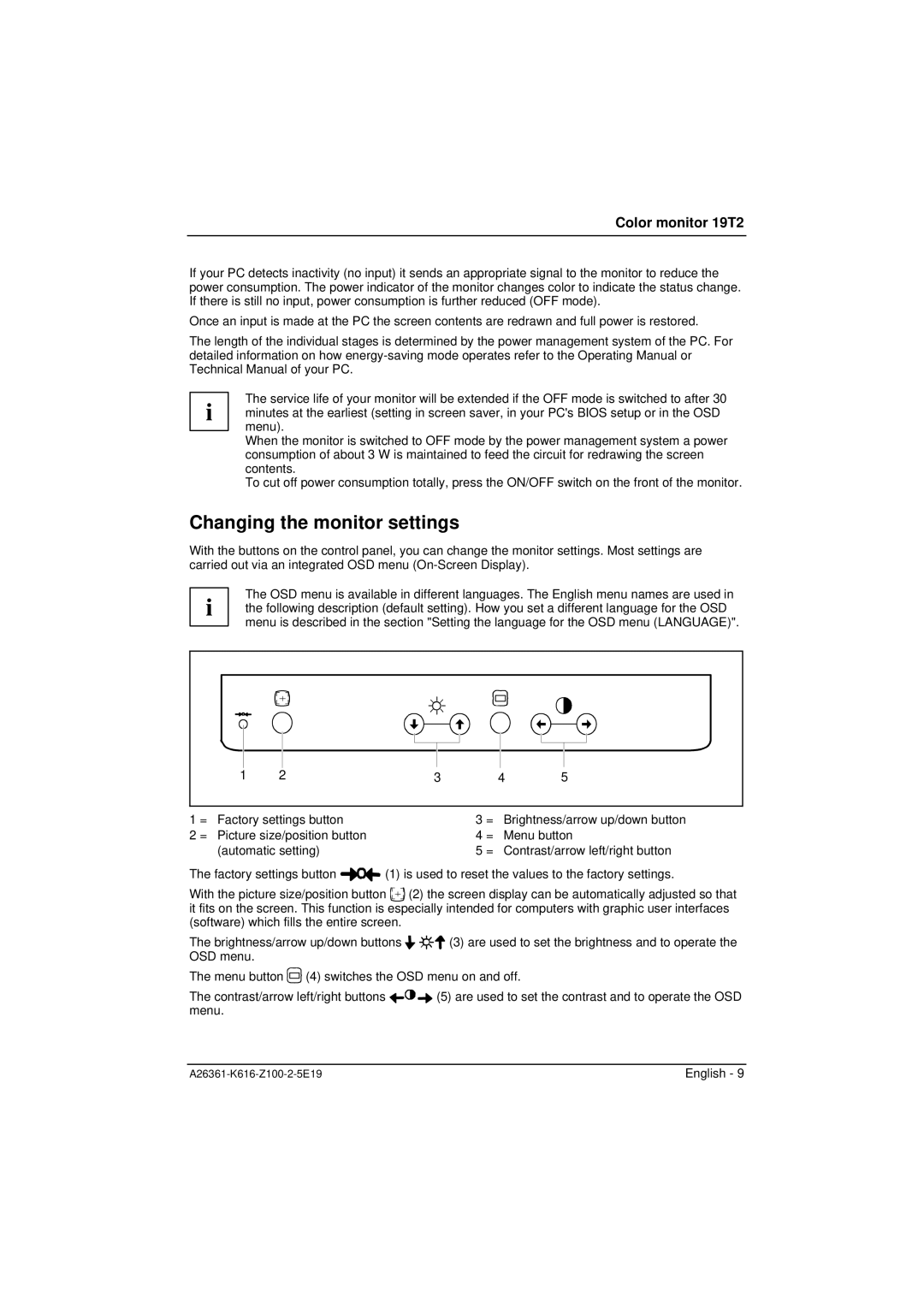 Fujitsu Siemens Computers 19T2 manual Changing the monitor settings 