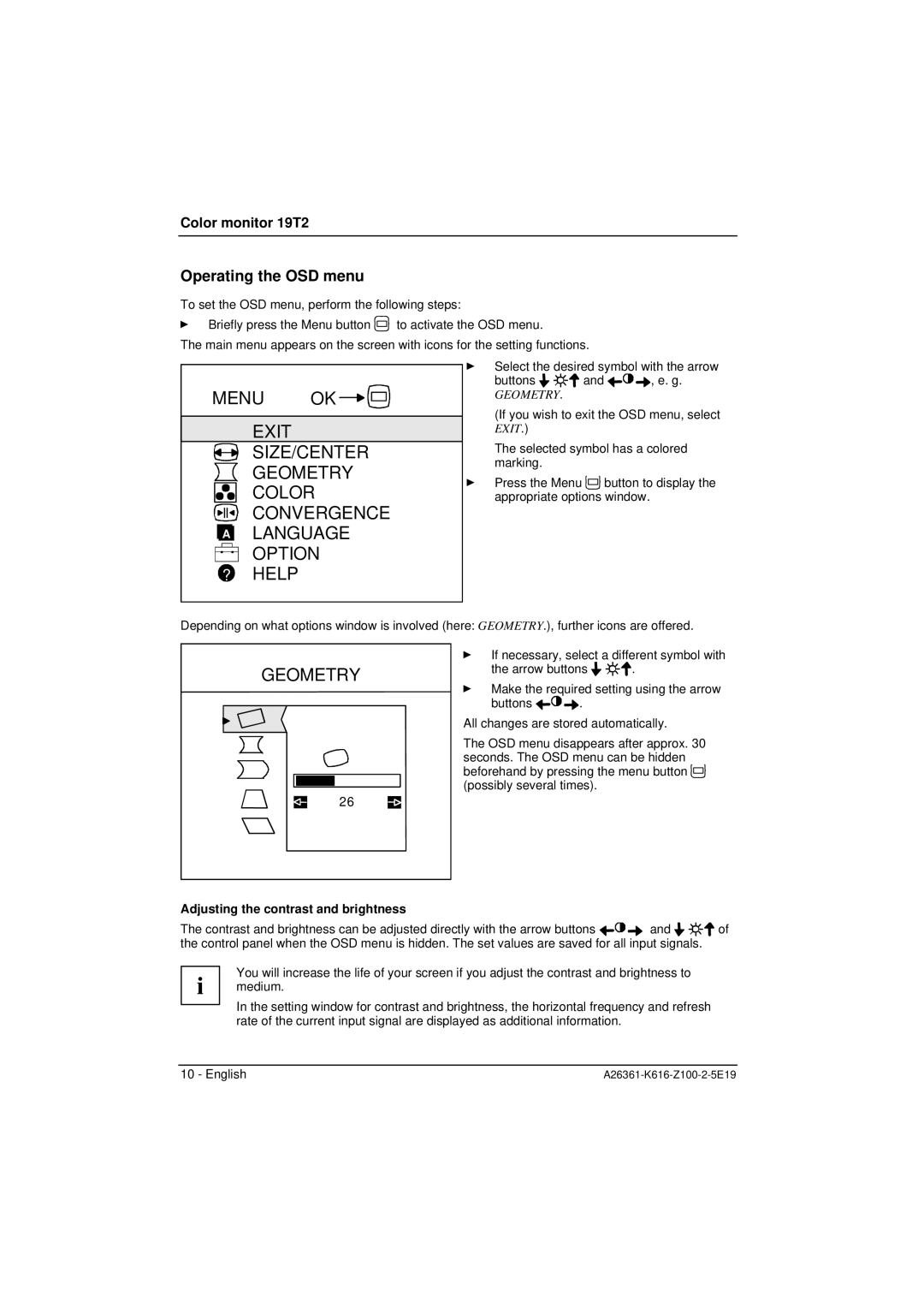 Fujitsu Siemens Computers 19T2 manual Operating the OSD menu, Adjusting the contrast and brightness 