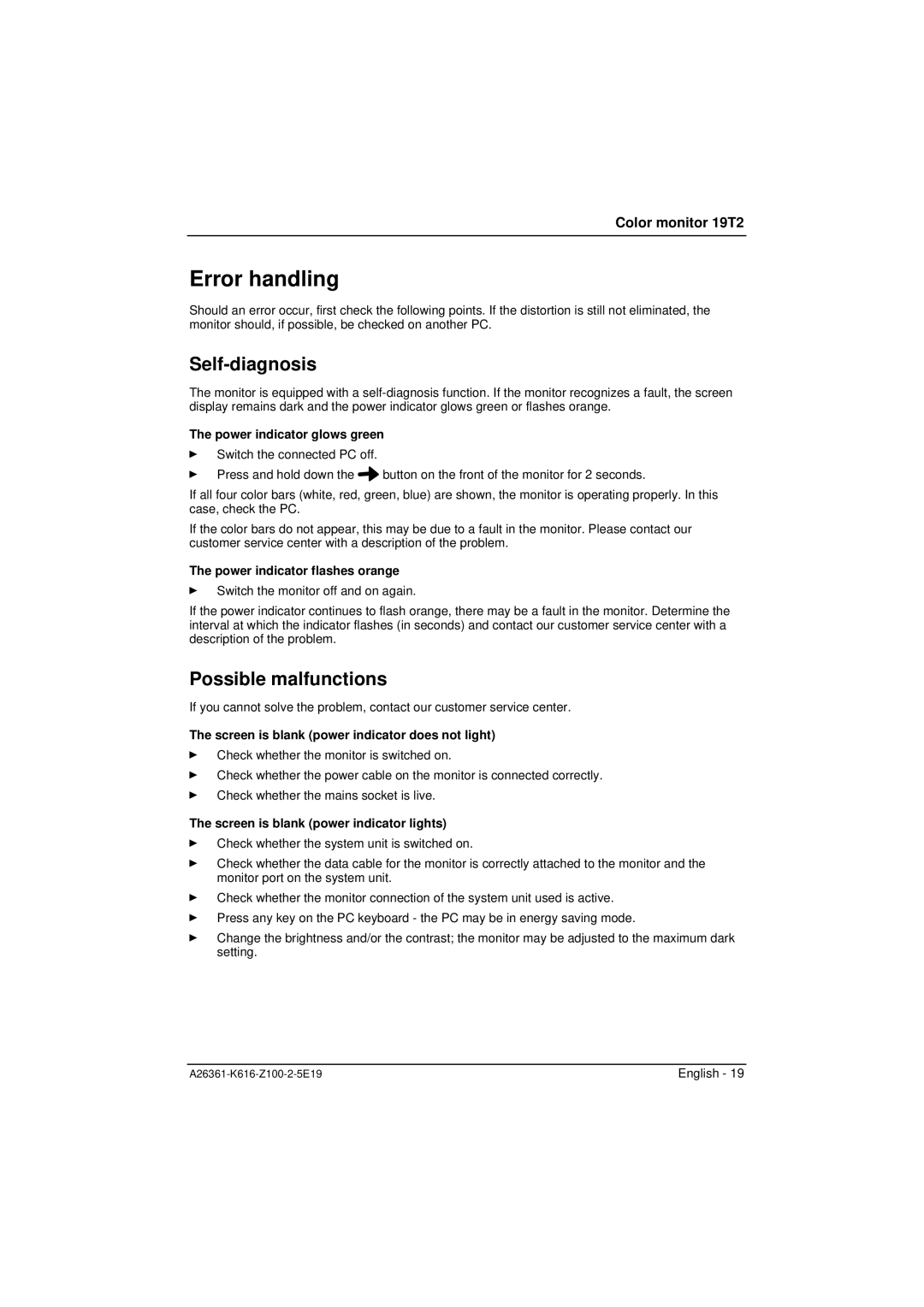 Fujitsu Siemens Computers 19T2 manual Error handling, Self-diagnosis, Possible malfunctions 