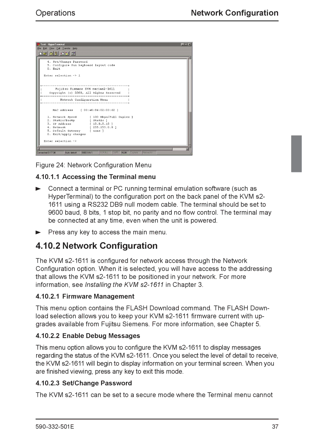 Fujitsu Siemens Computers 2 Network Configuration, Accessing the Terminal menu, Firmware Management, Enable Debug Messages 