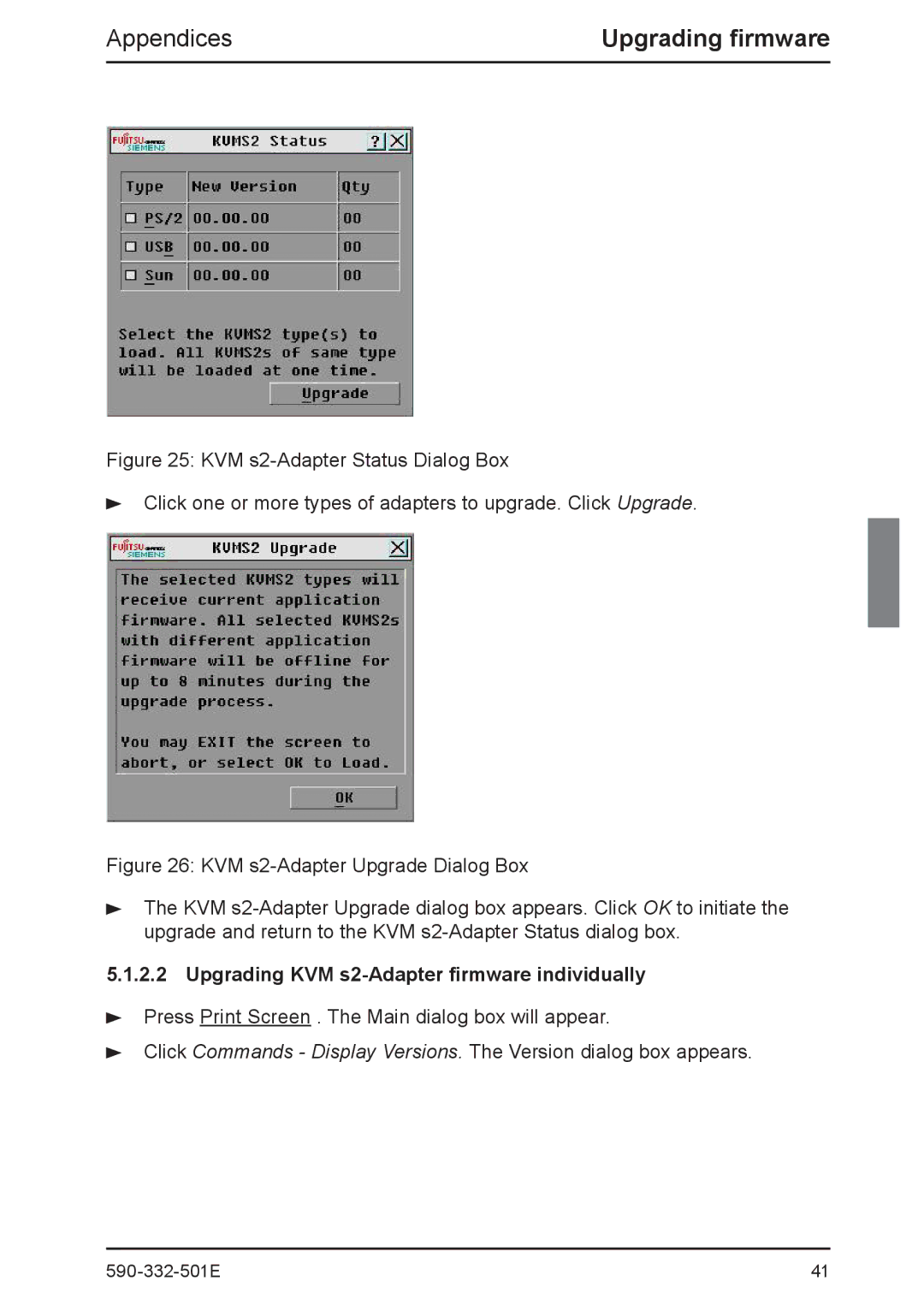 Fujitsu Siemens Computers manual Upgrading firmware, Upgrading KVM s2-Adapter firmware individually 