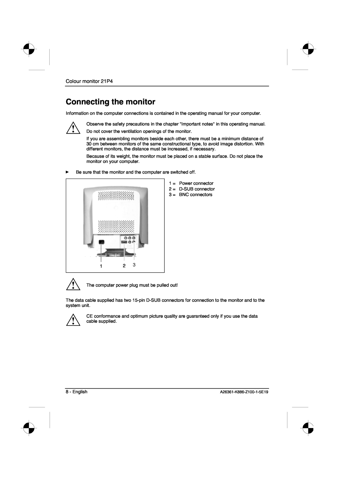 Fujitsu Siemens Computers manual Connecting the monitor, Colour monitor 21P4 