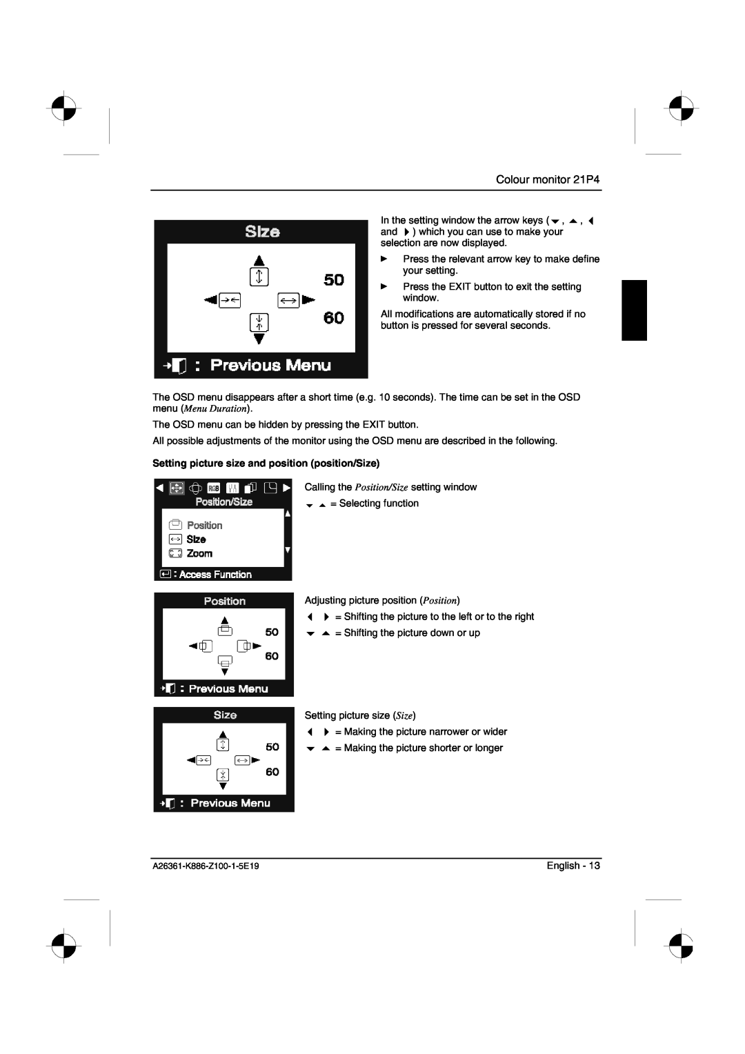 Fujitsu Siemens Computers manual Setting picture size and position position/Size, Colour monitor 21P4 