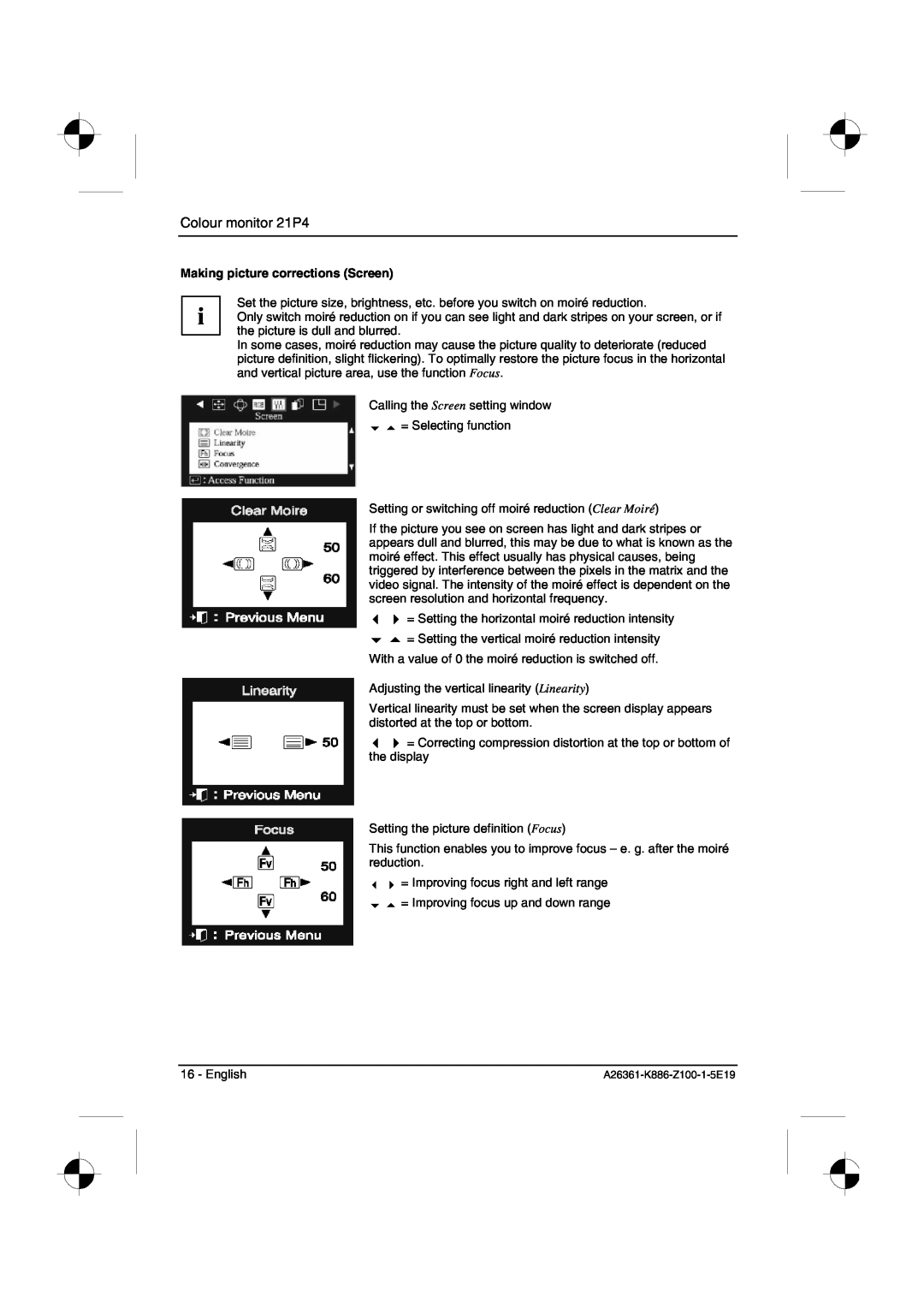 Fujitsu Siemens Computers manual Making picture corrections Screen, Colour monitor 21P4 